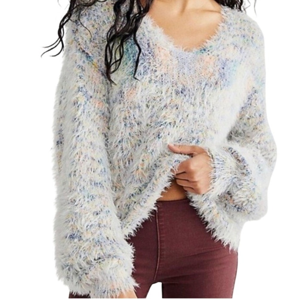 Free People Gelato Sweater Womens XS Multi Color Fuzzy V-Neck